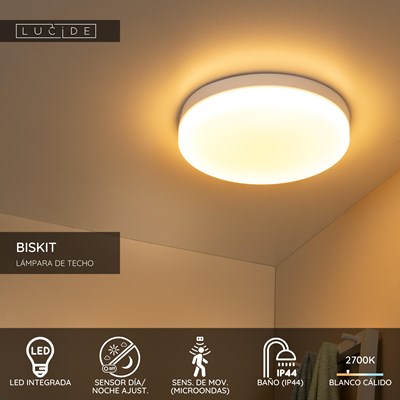 Lucide BISKIT - Lámpara de techo Baño - Ø 40 cm - LED - 1x36W 2700K - IP44 - Sensor movimiento - Blanco
